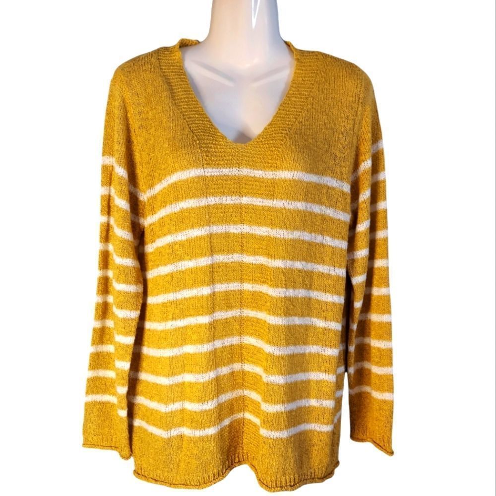 Mustard Yellow Stripe Westport V-neck Pullover Sparkle Sweater